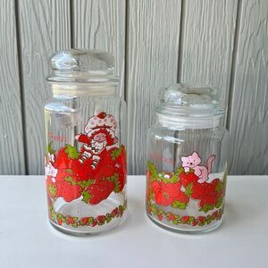 VTG 80s Anchor Hocking Strawberry Shortcake Glass Canister Set w/ Lids USA